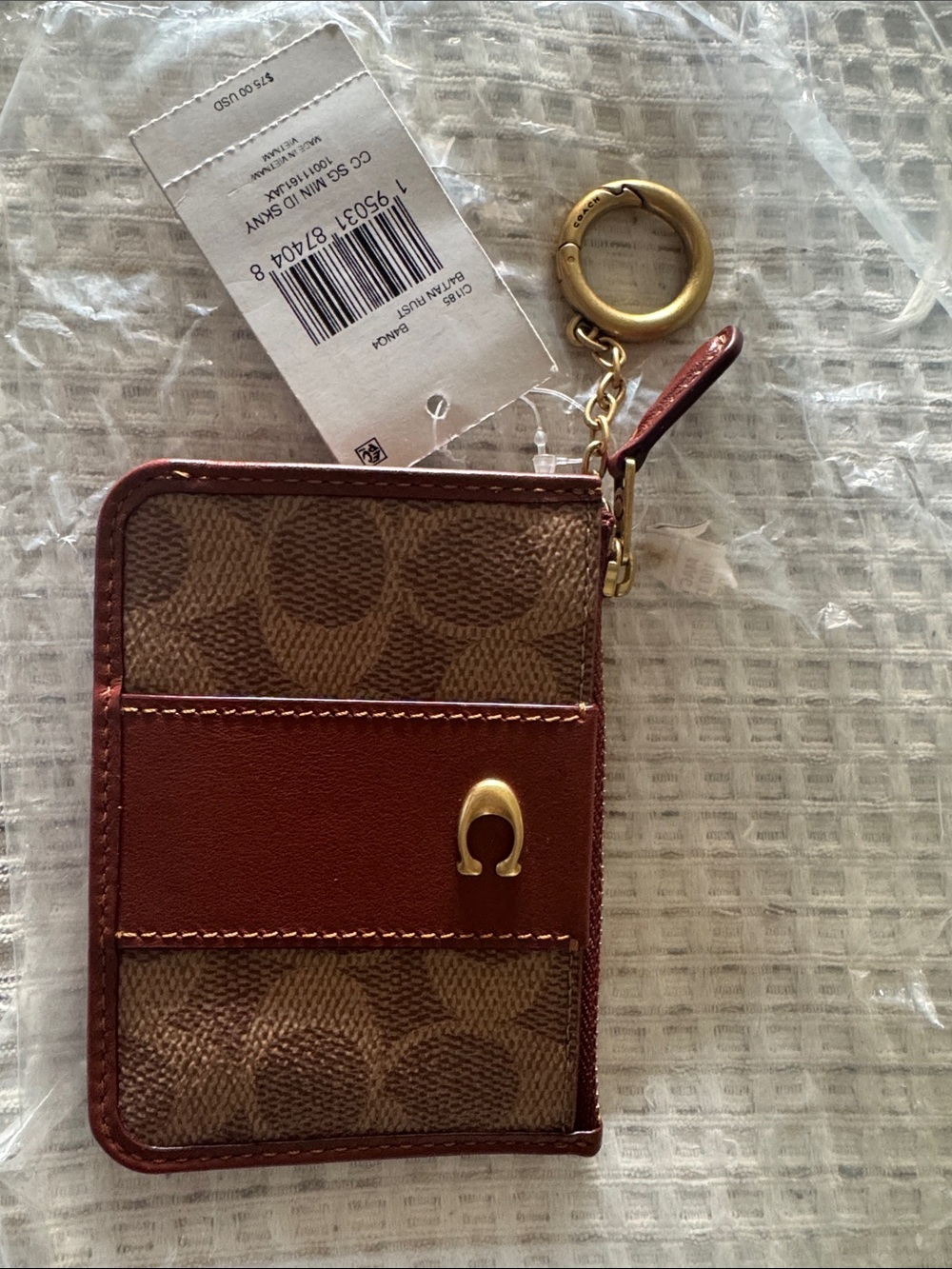 Coach Brass & Rust Tan Signature Zip Card Case with Key Ring - Picture 4 of 4